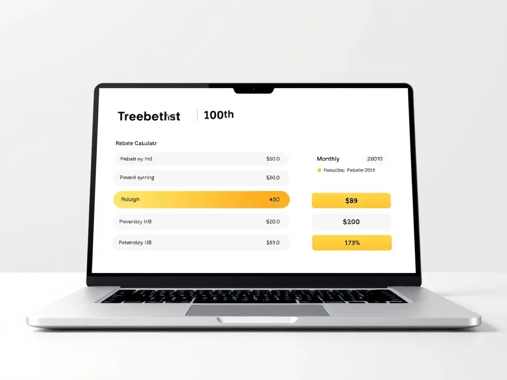 A modern rebate calculator interface on a laptop screen, displaying potential monthly earnings from IB rebates, with gold accent highlights and a clean fintech look.