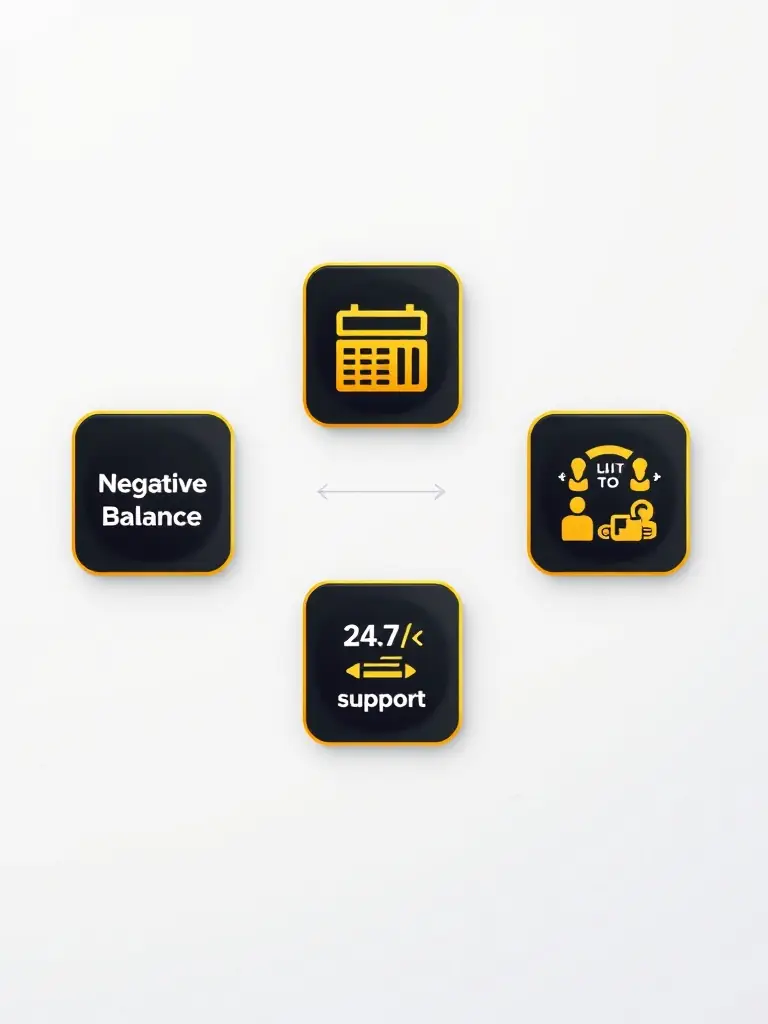 A digital badge collection including negative balance protection, segregated client funds, and 24/7 support icons, arranged in a clean grid with fintech branding.