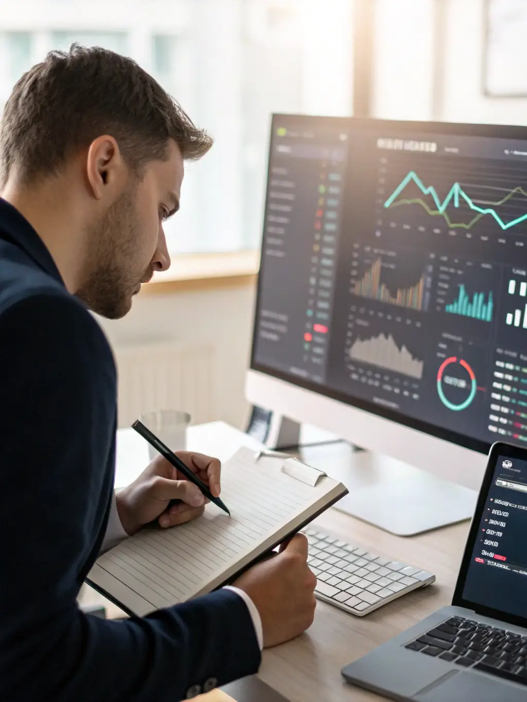 A professional image of a trader viewing a dashboard with rebate earnings and referral statistics, set on a dark fintech-themed background with gold accents, representing high rebate opportunities.