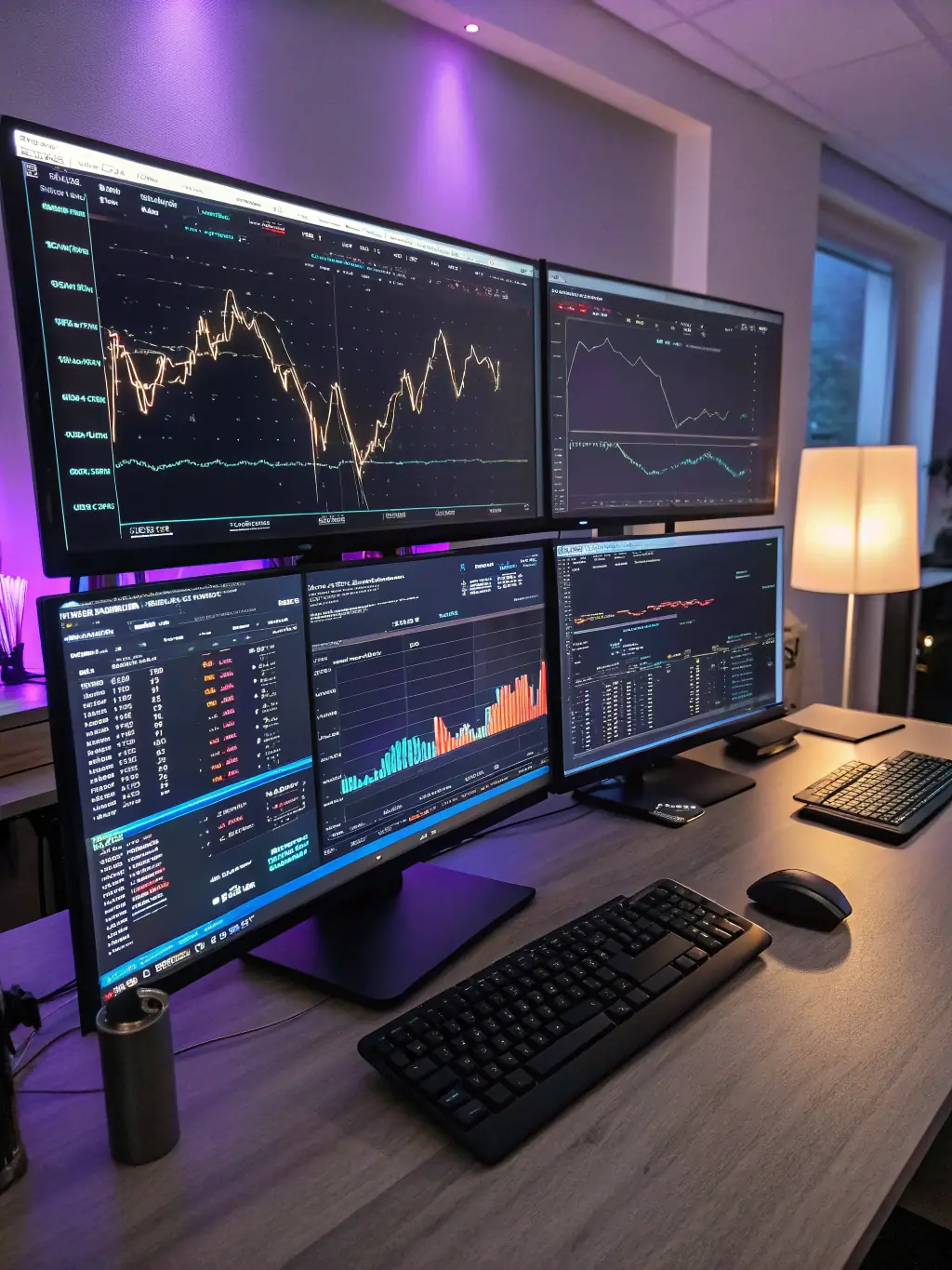 A modern trading desk setup with multiple monitors displaying MetaTrader 4 and MetaTrader 5 interfaces, highlighted by emerald green accents and candlestick charts.