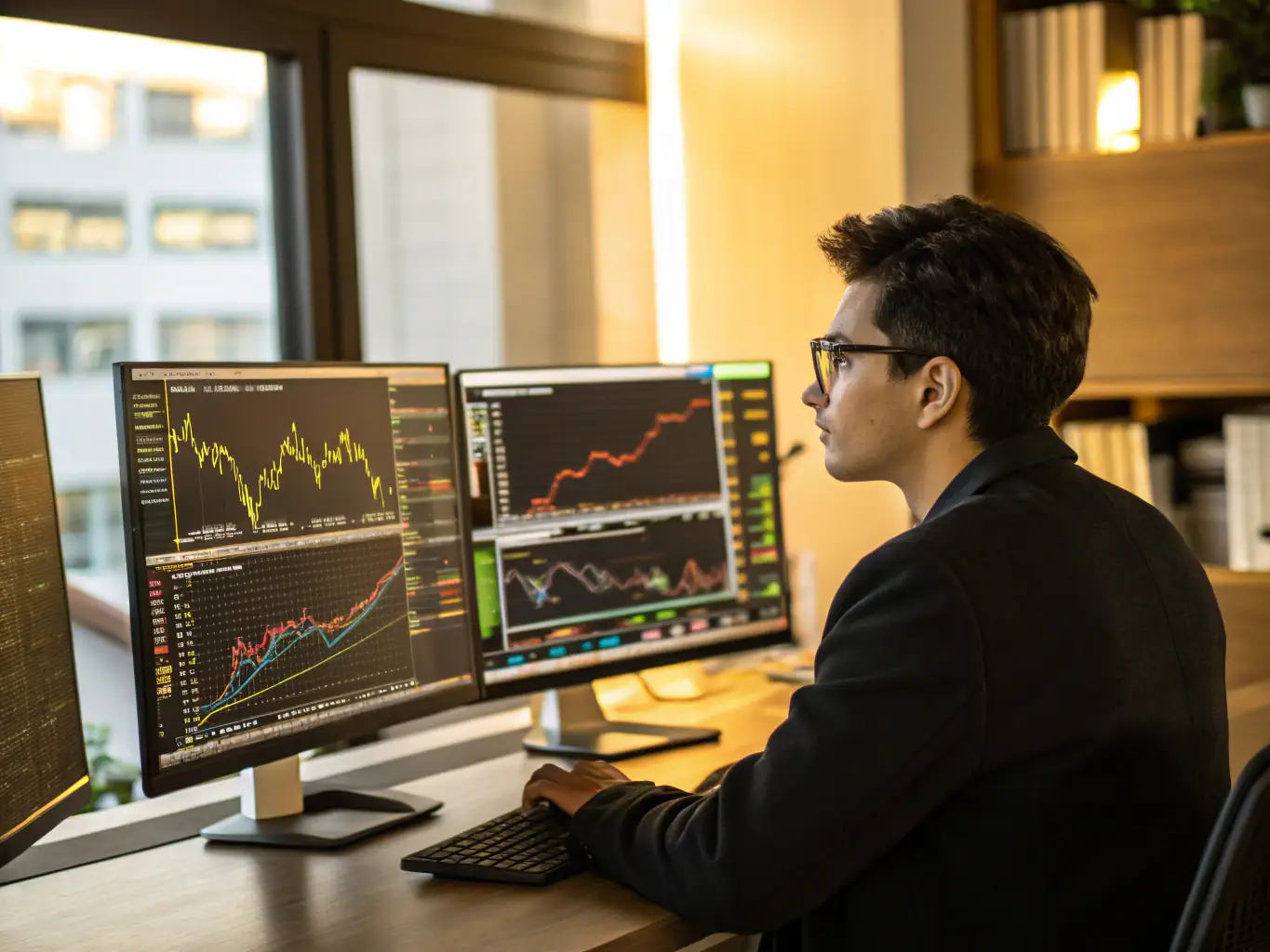 A modern, dark-themed illustration of a trader filling out an online registration form on a laptop, with gold accent highlights and subtle trading chart elements in the background, representing the first step to join the IB program.