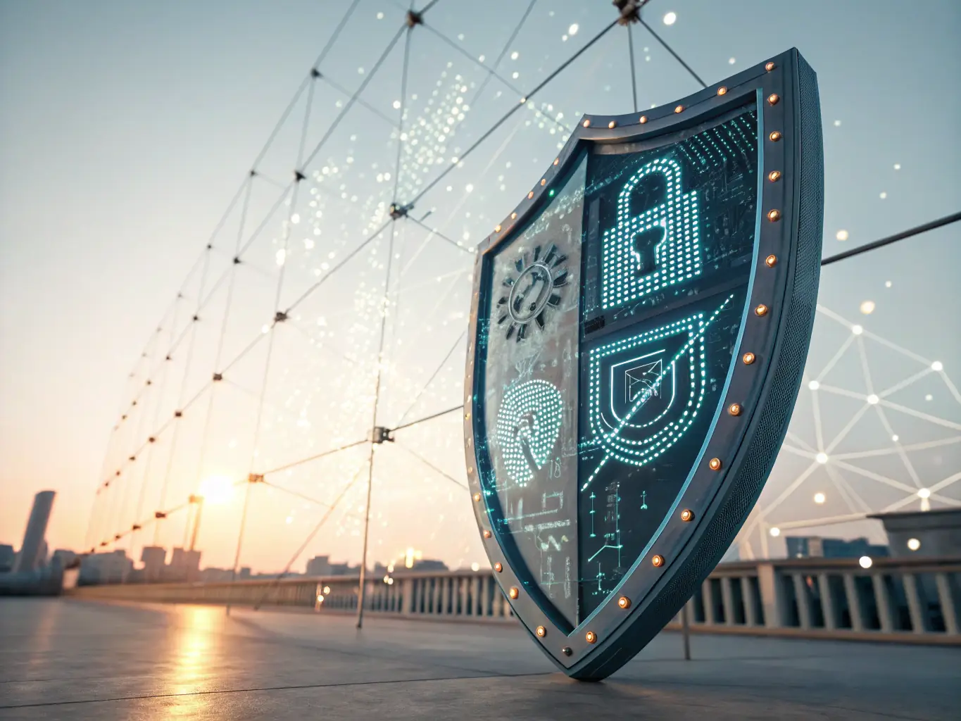 A sleek fintech image showing a shield icon, padlock, and encrypted data graphics, set against a charcoal background with gold accents, symbolizing advanced security features and data protection.