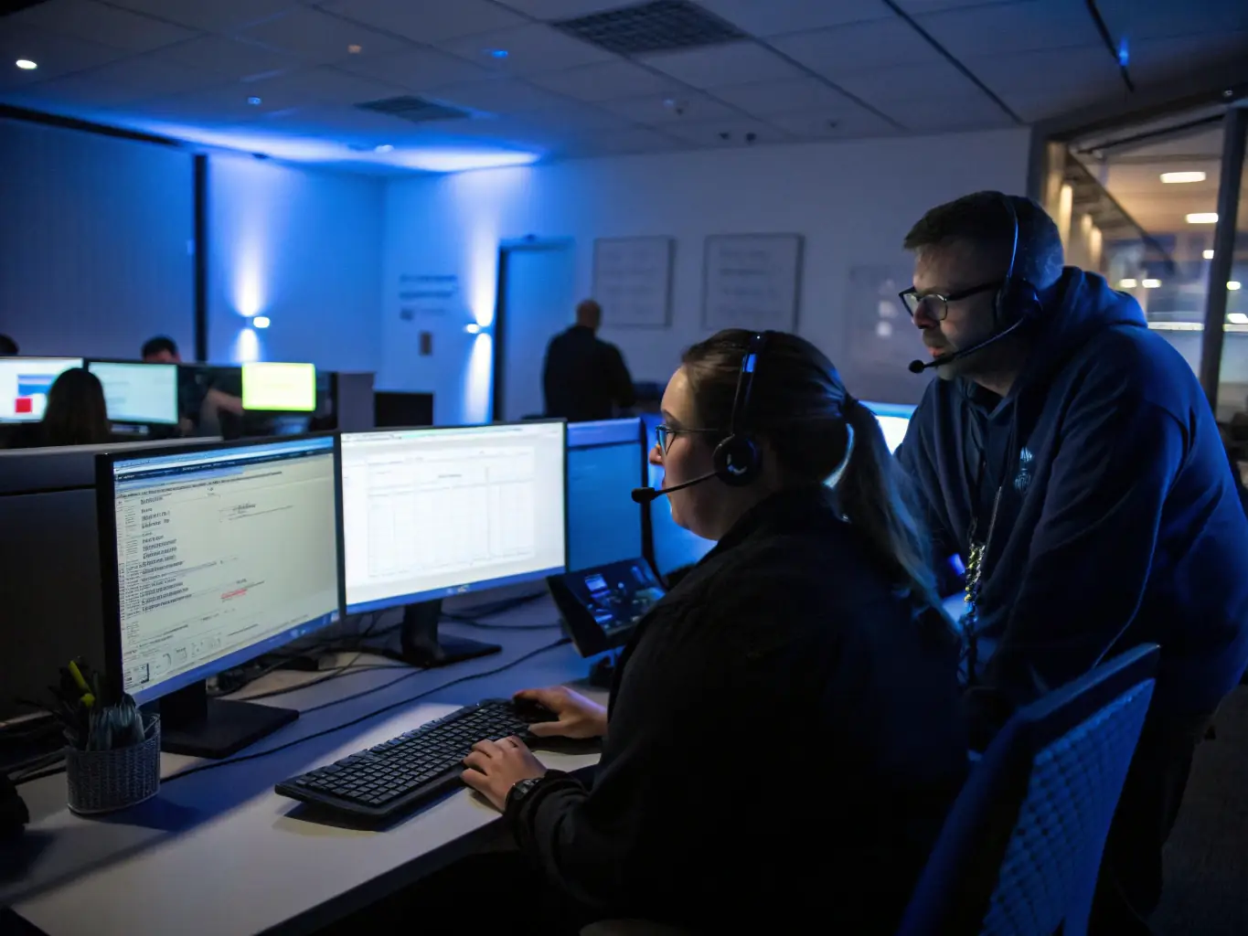 A professional support team image with headset-wearing agents, overlaid with icons for 24/7 support, fast payouts, and exclusive partner tools, set against a dark fintech background.