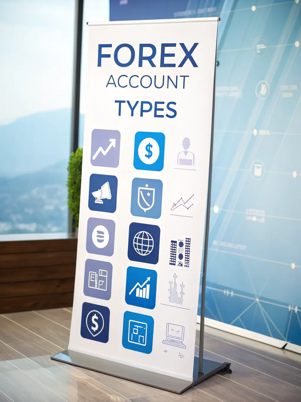 A stylized account comparison table with gold highlights, showing different forex account types, minimum deposits, and leverage options, on a navy background.